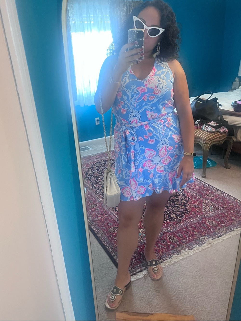 Lilly Pulitzer Blue Dress Romper with Pink Floral Print
